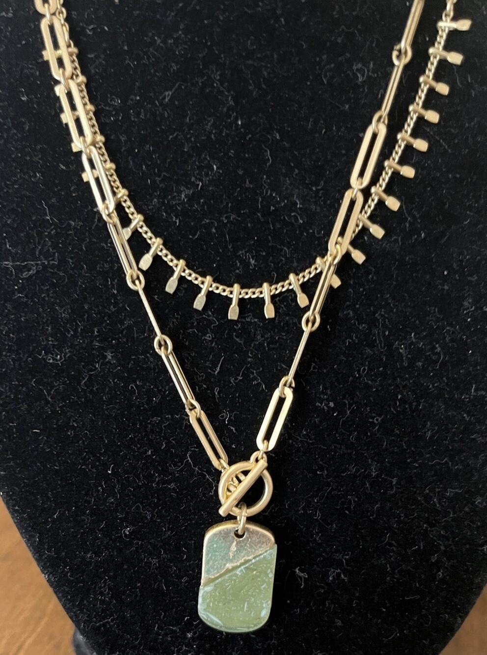 Gold Tone Jade Color Pendant Layered Chain T-bar Watch Chain-like Necklace